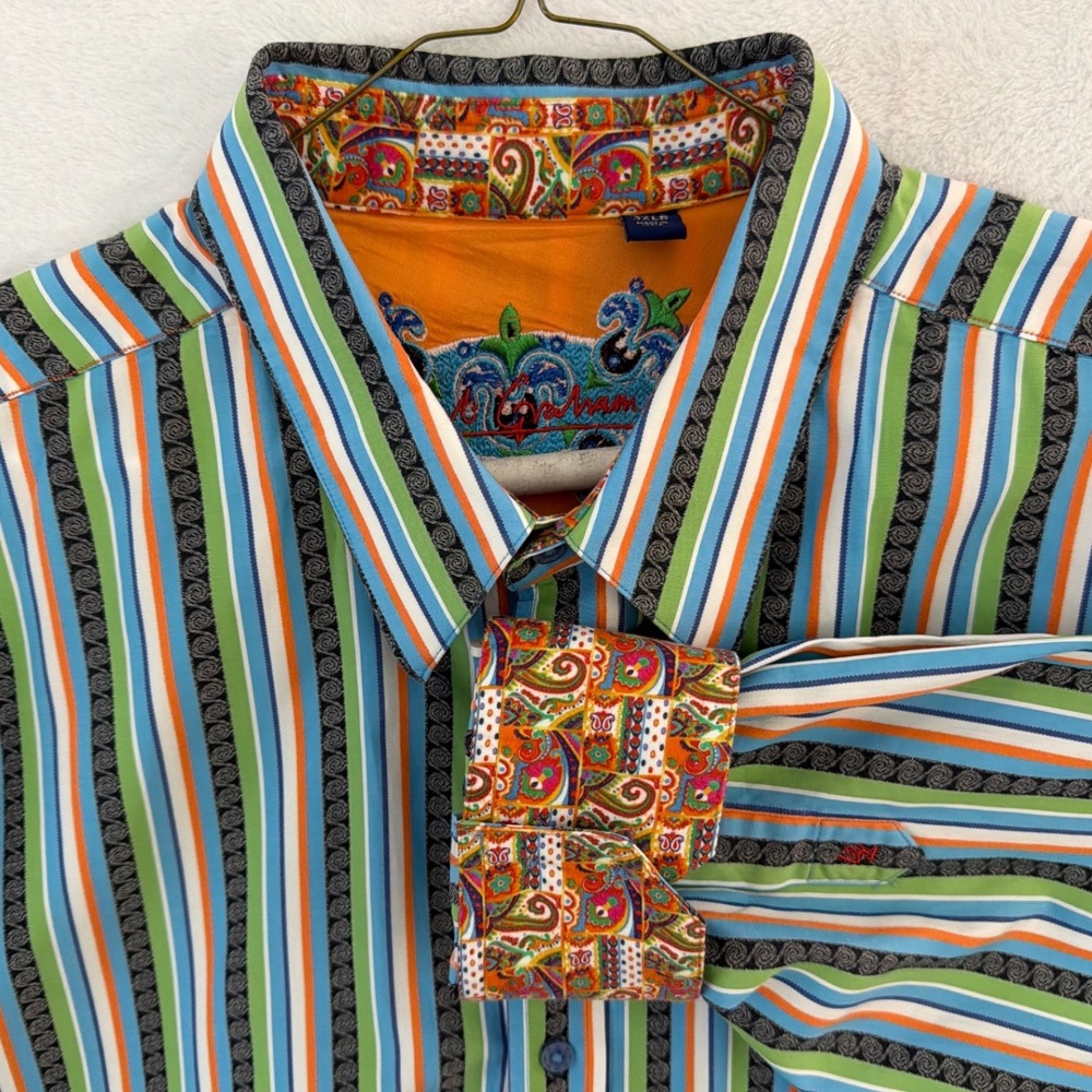 Robert Graham Mens 3XLB Striped Paisley Trim Button Down Shirt Blue Green Orange